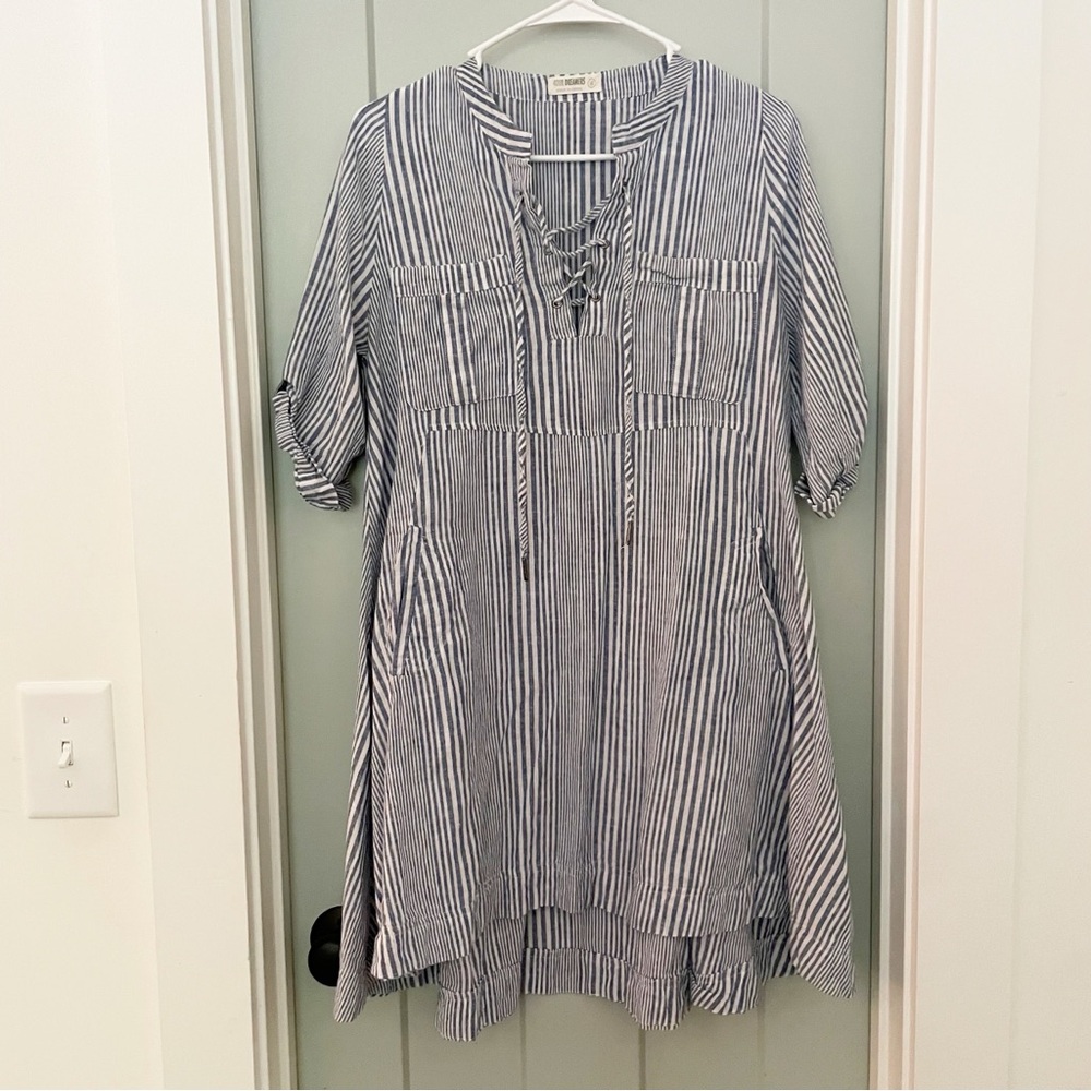 4our Dreamers Striped Linen Blend Tunic Dress Flare Beach Coastal Cowgirl Small